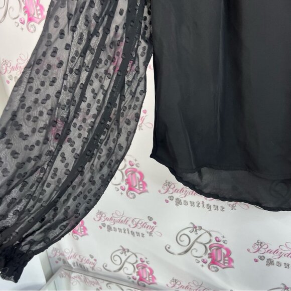 Laundry By Shelli Segal long sleeve dotted Polka dot buttons Black Sheer Blouse - Picture 9 of 13